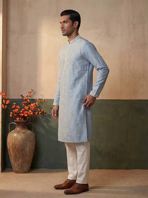Mens silk blend blue solid embroidered calf length straight kurta 4