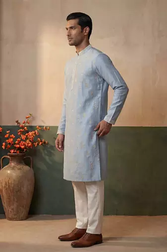 Mens silk blend blue solid embroidered calf length straight kurta
