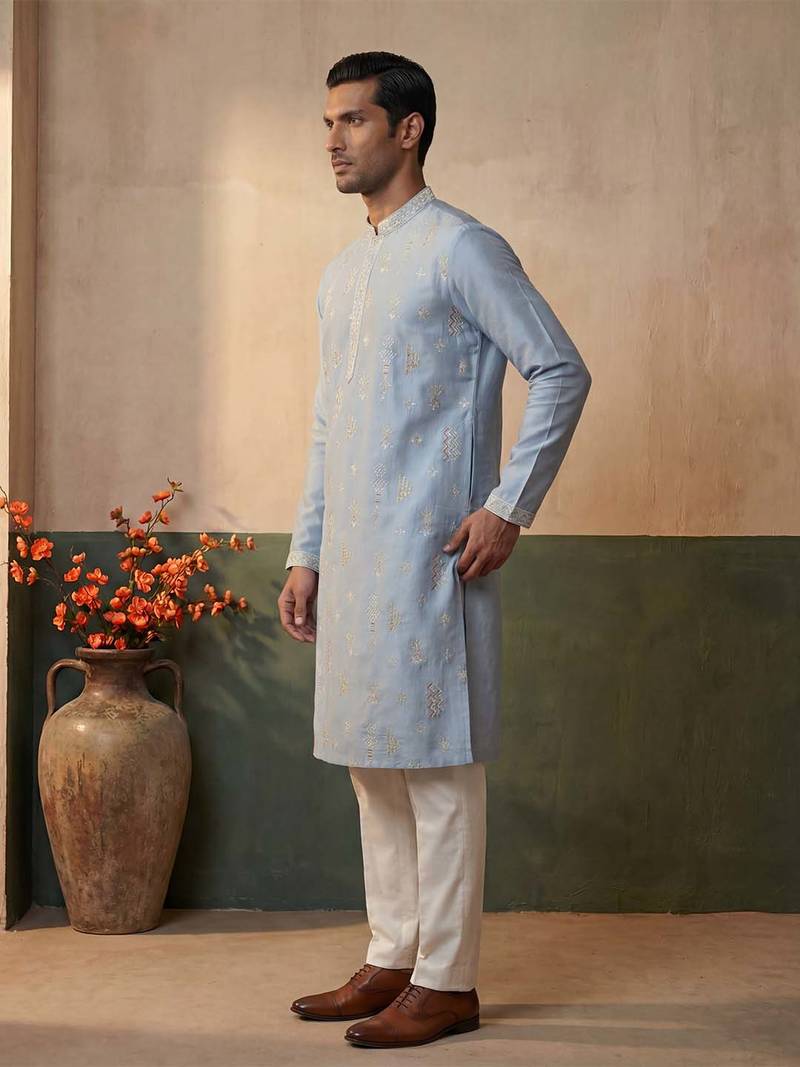 Mens silk blend blue solid embroidered calf length straight kurta