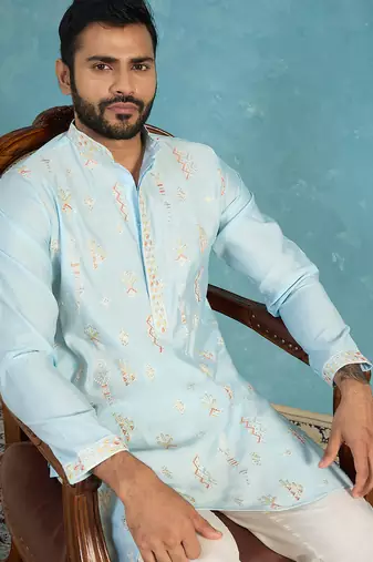 Mens silk blend blue solid embroidered calf length straight kurta