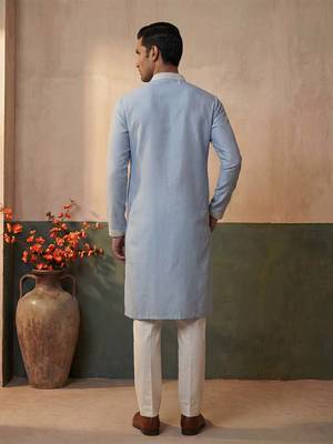 Mens silk blend blue solid embroidered calf length straight kurta 5