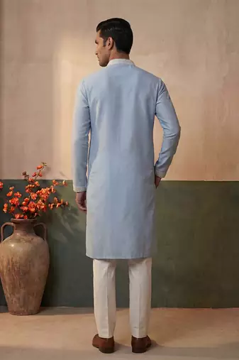 Mens silk blend blue solid embroidered calf length straight kurta