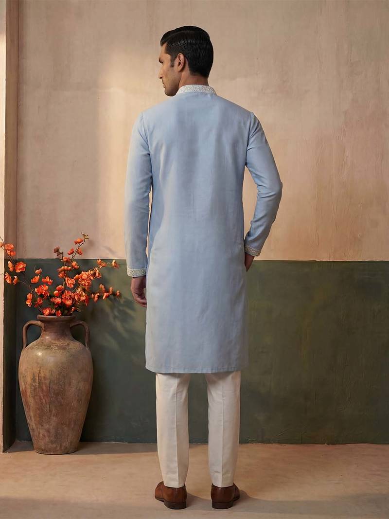 Mens silk blend blue solid embroidered calf length straight kurta