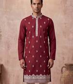 Mens silk blend maroon solid embroidered calf length straight kurta