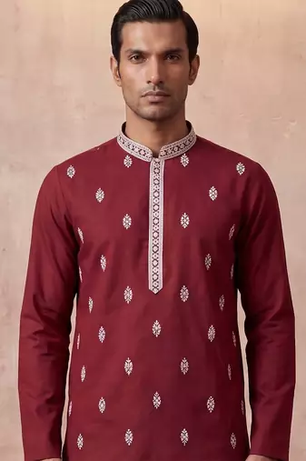 Mens silk blend maroon solid embroidered calf length straight kurta