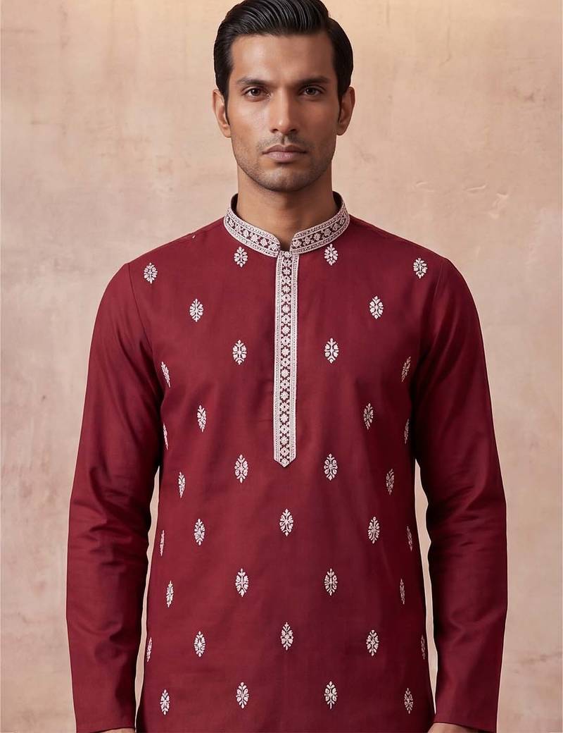 Mens silk blend maroon solid embroidered calf length straight kurta