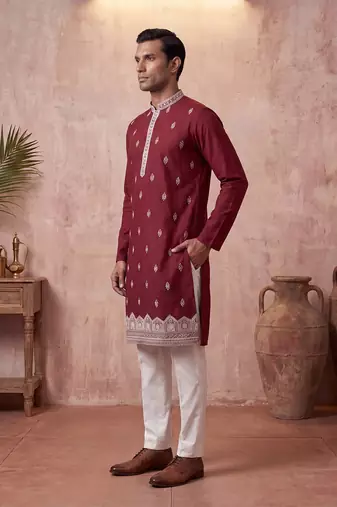 Mens silk blend maroon solid embroidered calf length straight kurta