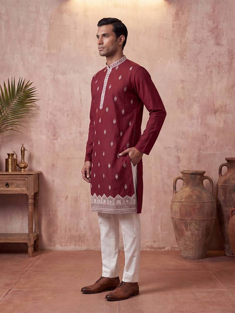 Mens silk blend maroon solid embroidered calf length straight kurta