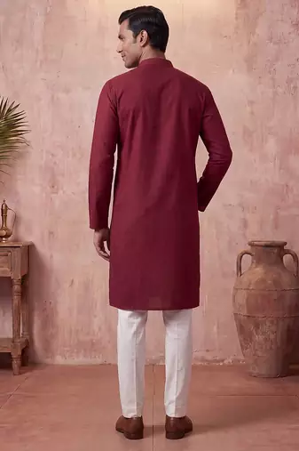 Mens silk blend maroon solid embroidered calf length straight kurta