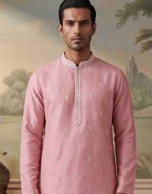 Mens silk blend pink solid embroidered calf length straight kurta 3