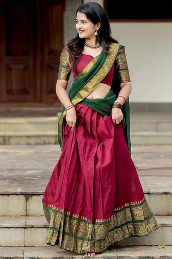 Pink & Bottle Green Kanjivaram Silk Half Lehenga Saree – Traditional Zari Weaving Langa Voni Set For Women's