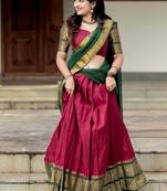 Pink & Bottle Green Kanjivaram Silk Half Lehenga Saree – Traditional Zari Weaving Langa Voni Set For Women's