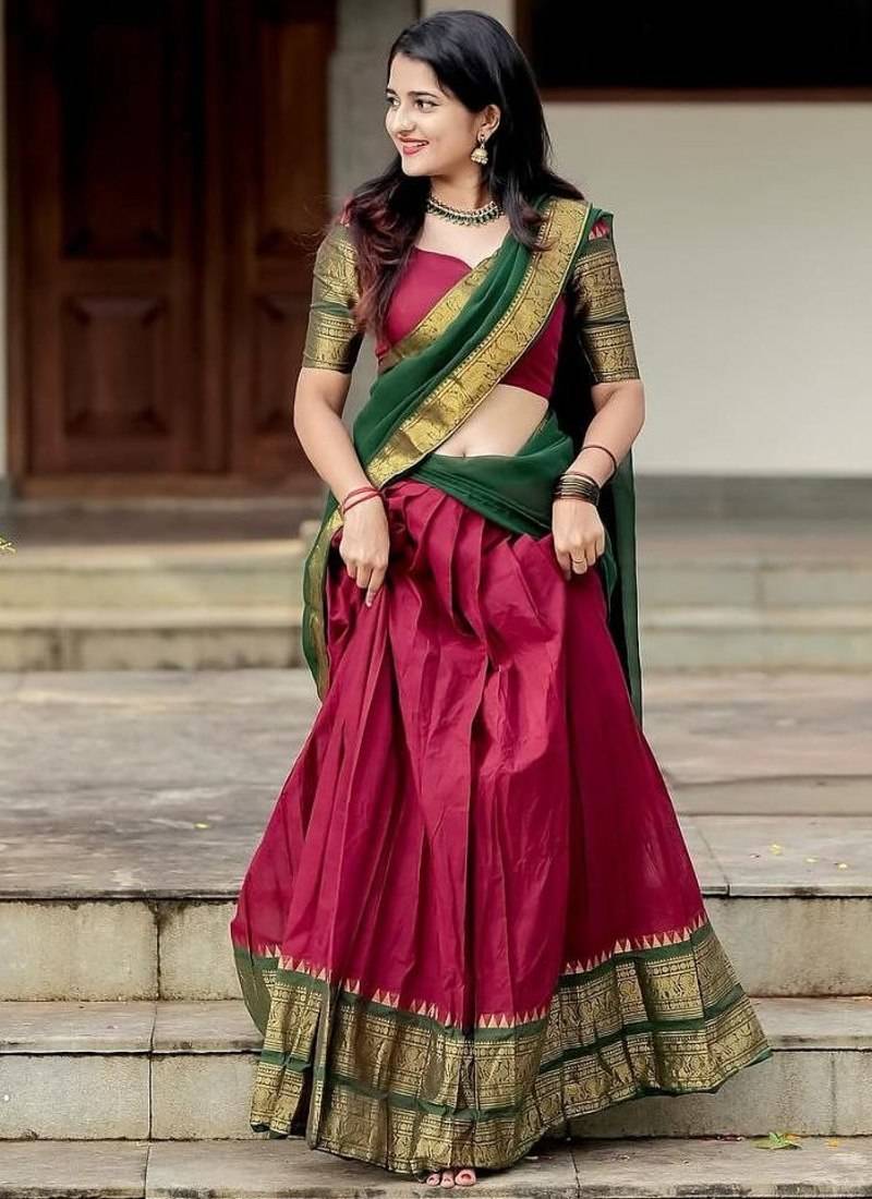 Pink & Bottle Green Kanjivaram Silk Half Lehenga Saree – Traditional Zari Weaving Langa Voni Set For Women's