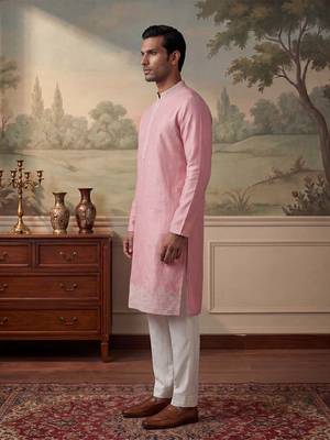 Mens silk blend pink solid embroidered calf length straight kurta 4