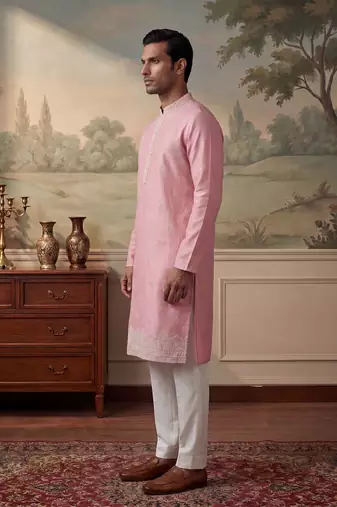 Mens silk blend pink solid embroidered calf length straight kurta