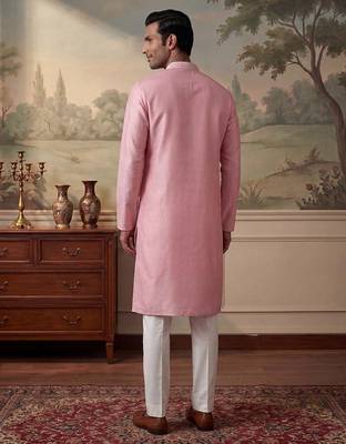 Mens silk blend pink solid embroidered calf length straight kurta 5