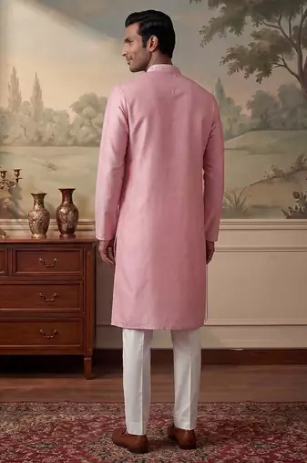 Mens silk blend pink solid embroidered calf length straight kurta