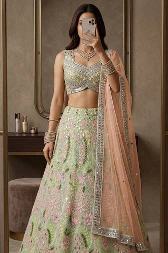 PISTA GREEN NET PARTY WEAR EMBROIDERY LEHENGA CHOLI