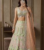 PISTA GREEN NET PARTY WEAR EMBROIDERY LEHENGA CHOLI