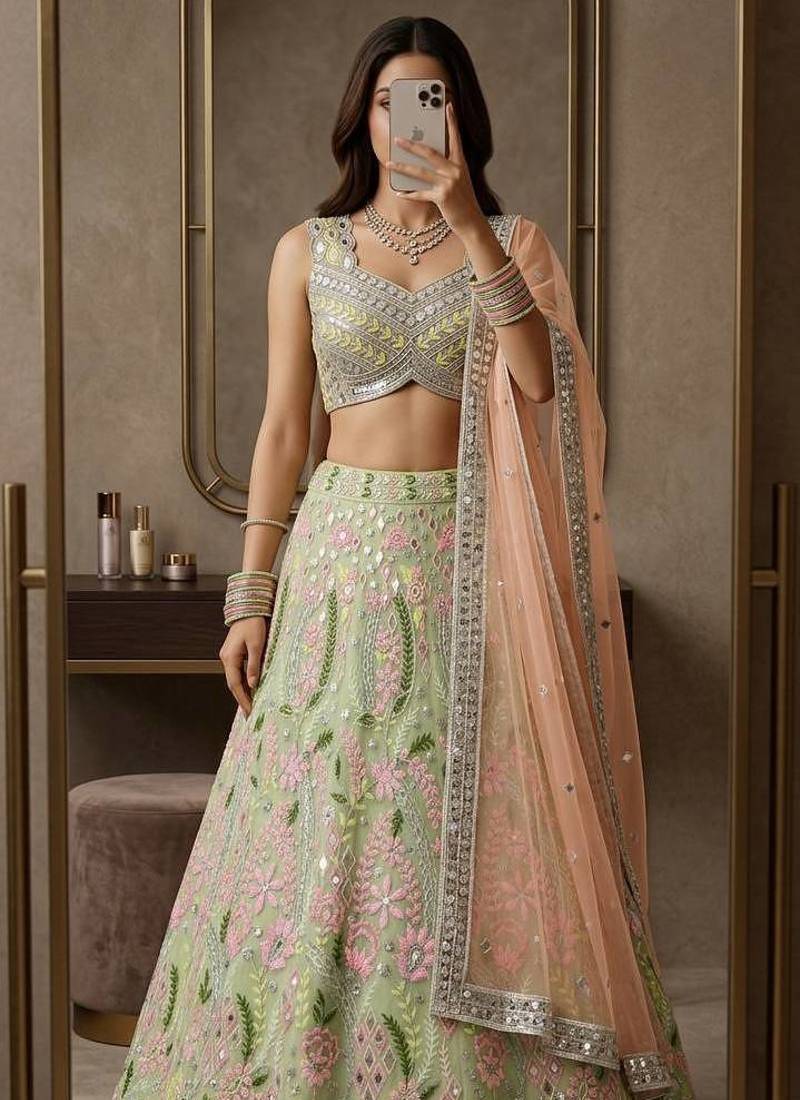PISTA GREEN NET PARTY WEAR EMBROIDERY LEHENGA CHOLI