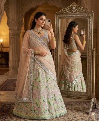 PISTA GREEN NET PARTY WEAR EMBROIDERY LEHENGA CHOLI 2