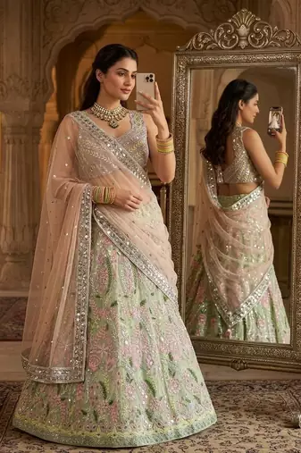 PISTA GREEN NET PARTY WEAR EMBROIDERY LEHENGA CHOLI