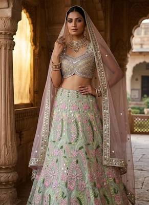 PISTA GREEN NET PARTY WEAR EMBROIDERY LEHENGA CHOLI 3