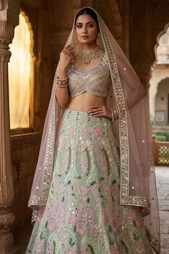 PISTA GREEN NET PARTY WEAR EMBROIDERY LEHENGA CHOLI