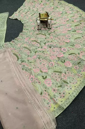 PISTA GREEN NET PARTY WEAR EMBROIDERY LEHENGA CHOLI