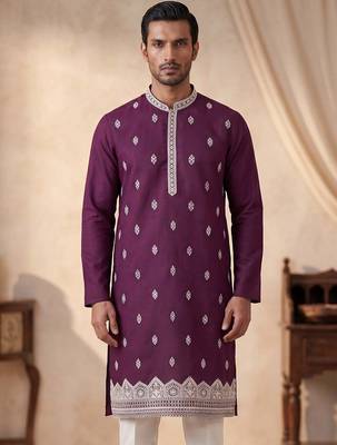 Mens silk blend purple solid embroidered calf length straight kurta 2