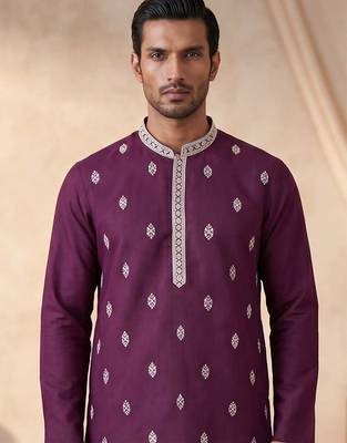 Mens silk blend purple solid embroidered calf length straight kurta 3