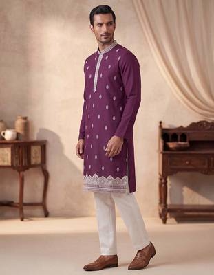 Mens silk blend purple solid embroidered calf length straight kurta 4