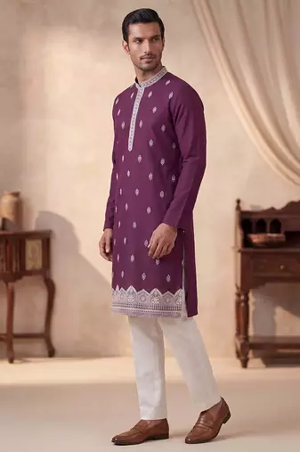 Mens silk blend purple solid embroidered calf length straight kurta