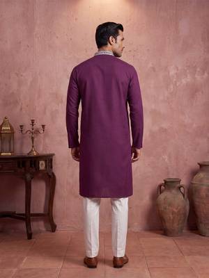 Mens silk blend purple solid embroidered calf length straight kurta 5