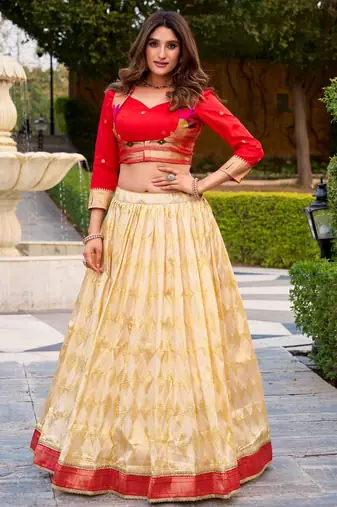 beige art silk woven lehenga choli