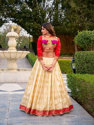 beige art silk woven lehenga choli with free size upto 38 2