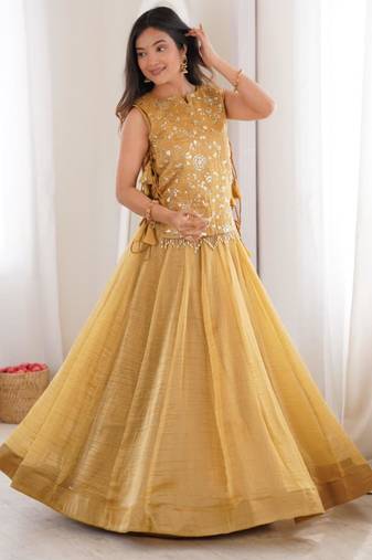 yellow silk blend embroidered lehenga choli