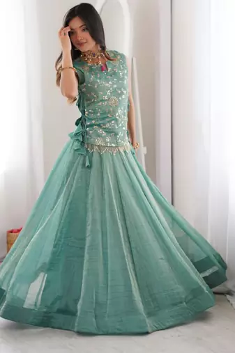 sea green silk blend embroidered lehenga choli
