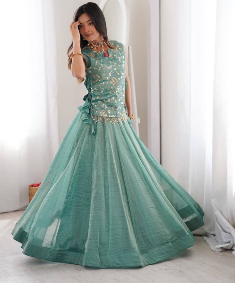 sea green silk blend embroidered lehenga choli