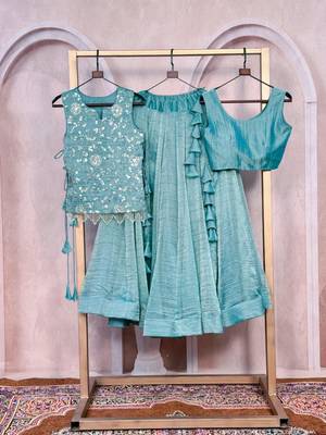 sea green silk blend embroidered lehenga choli with free size upto 44 3