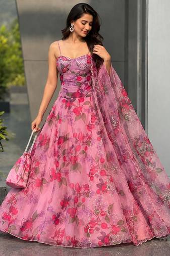 pink organza printed lehenga choli