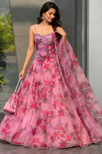 pink organza printed lehenga choli