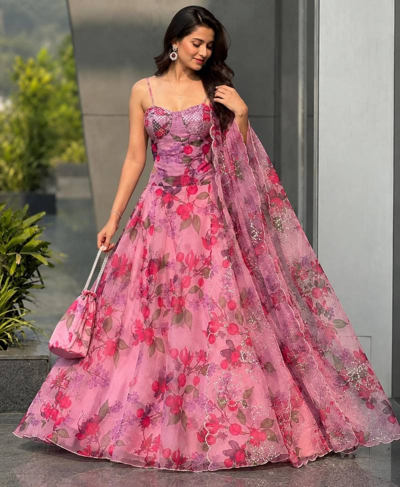 pink organza printed lehenga choli