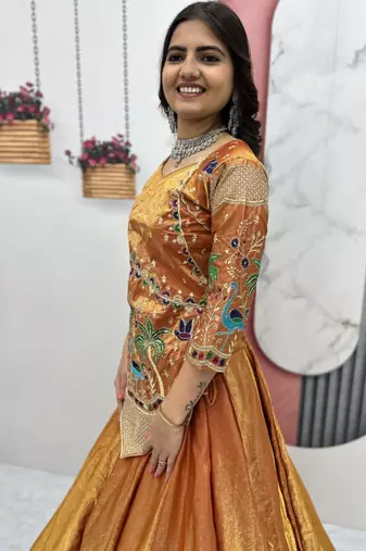 orange silk blend embroidered lehenga choli