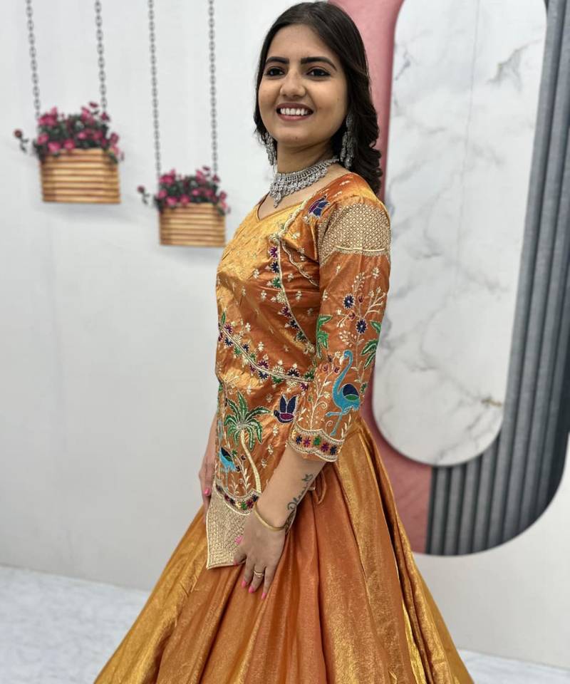orange silk blend embroidered lehenga choli