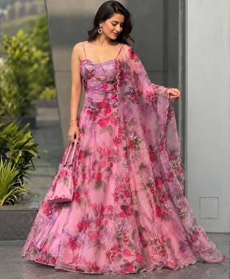 pink organza printed lehenga choli with free size upto 42 2