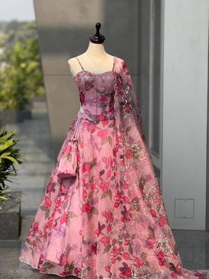 pink organza printed lehenga choli with free size upto 42 3