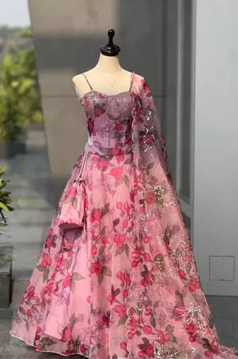pink organza printed lehenga choli