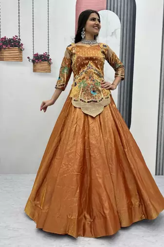 orange silk blend embroidered lehenga choli