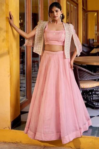 pink silk blend lehenga choli with koti jacket
